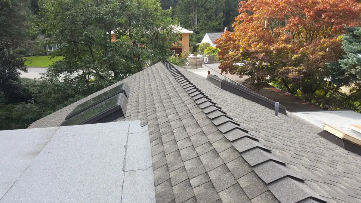 Clean asphalt shingle roof along the hip ridge, skylights on one slope