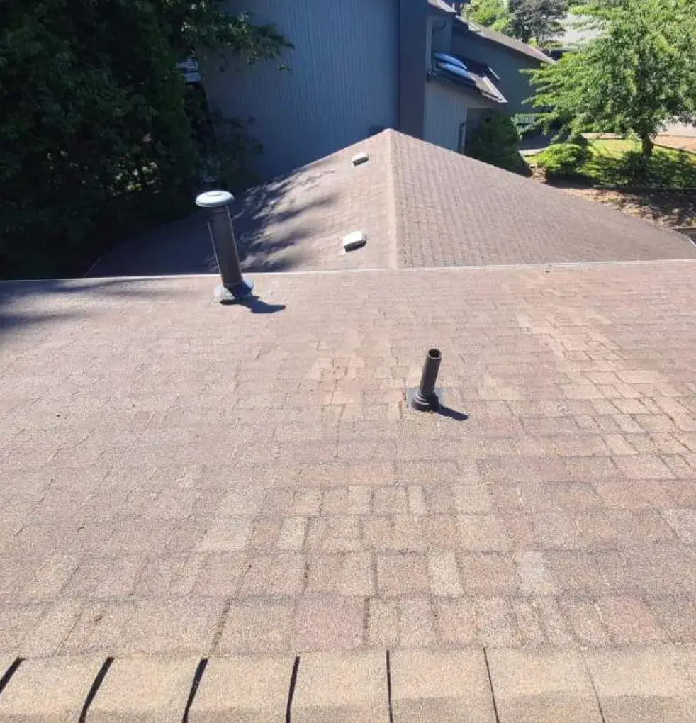 Clean asphalt shingles on a gently pitched roof, vent stacks and ridge in view