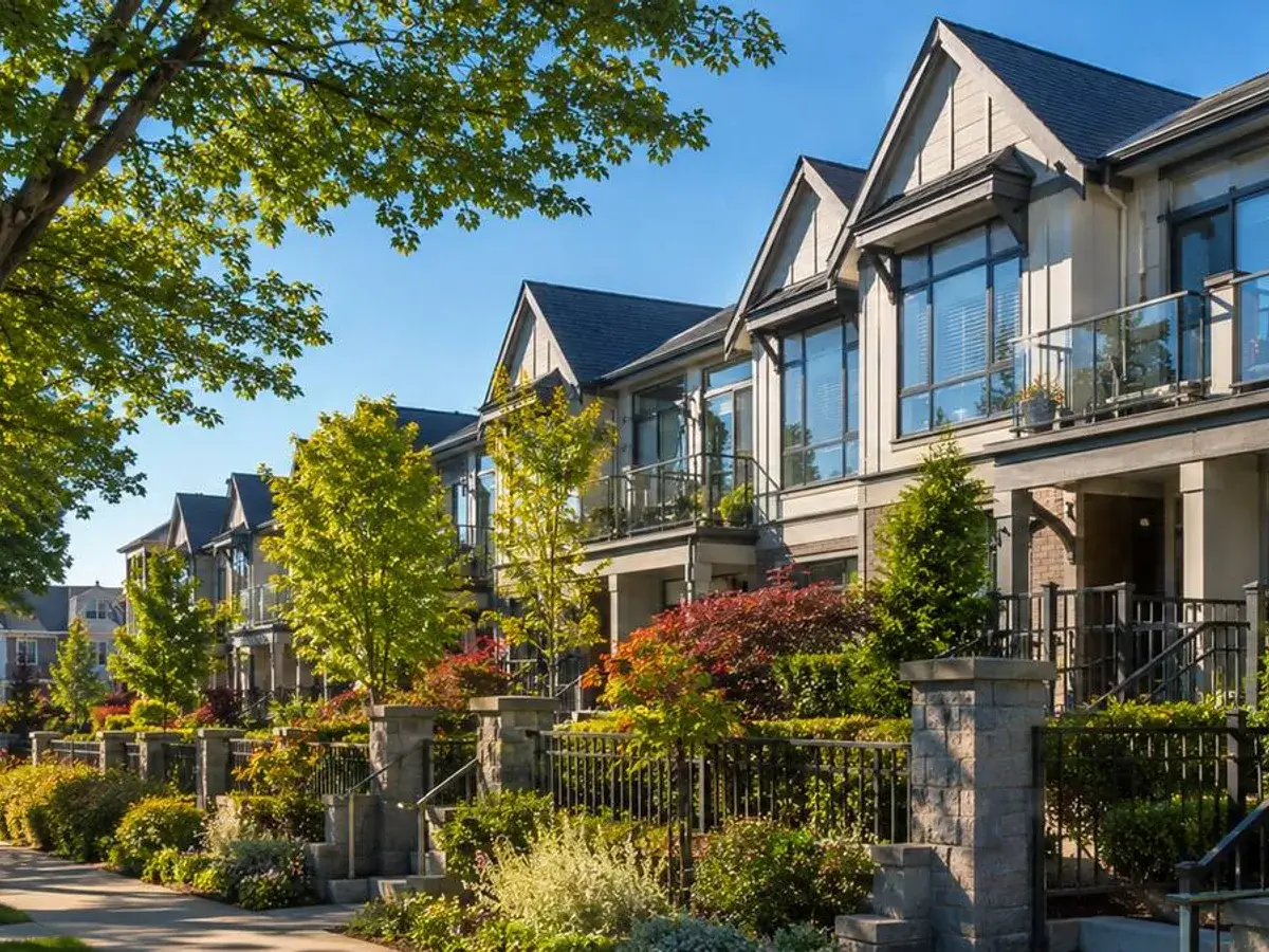A townhouse row where one roofline carries across several units